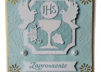 ZAPROSZENIA KOMUNIA CHŁOPIEC KIELICH Z GOŁĘBIAMI – K4 – BŁĘKIT – BIEL