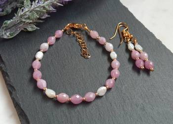 Bransoletka i kolczyki kunzyt, perła barokowa i hematyt