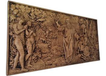 Stworzenie Adama i Ewy – Piękna dębowa rzeźba, panel ścienny 3D