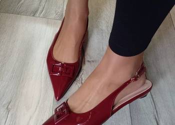 (41) Bordowe, niskie czółenka baleriny wieczorowe z odkrytą piętą, NOWE