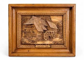 Oryginalna Drewniana Płaskorzeźba Vintage „Schwarzwälder Mühle”