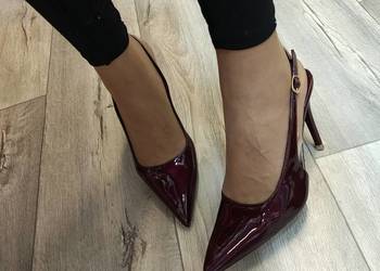 (39/40) Bordowe czółenka Szpilki wieczorowe z odkrytą piętą, NOWE