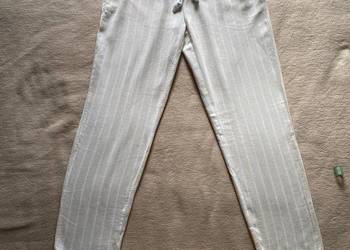Lekkie spodnie na gumce na lato Vintage denim L kremowe w białe paski Len