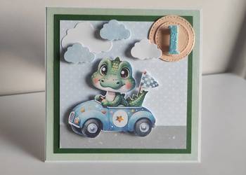Kartka ręcznie robiona na urodziny roczek krokodyl w aucie handmade