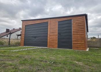 Garaż Blaszany Premium 5.5x6m spad na prawo złoty dąb + ciemny grafit MAT