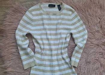 Świetny sweterek w biało złote paski błyszczący rękaw 3/4 38
