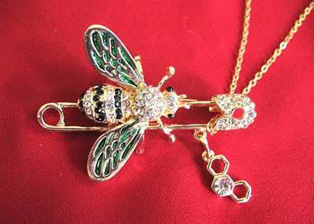 Broszka - Naszyjnik - wisior - Pszczoła - metal - łańcuszek 45 cm