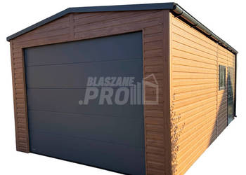 Garaż blaszany 4×6 m – brama segmentowa  ciemny orzech GP766