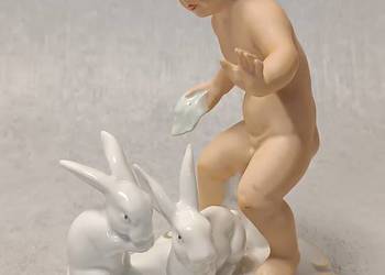WALLENDORF Putto z z zajączkami Kolekcjonerska figurka Amorek z królikami