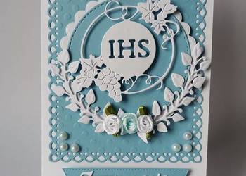 ZAPROSZENIA KOMUNIA CHŁOPIEC IHS Z WINOGRONEM ŁUK – B6 – BŁĘKIT – BIEL