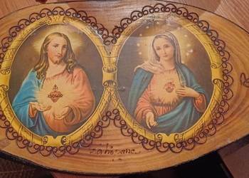 Ikona Najświętszego serca Jezusa i Maryi na prawdziwym drewnie