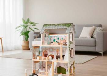 DREWNIANY DOMEK DLA LALEK PASTELOWY BOHO LED + MEBELKI