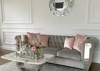 Sofa glamour chesterfield czarna szara na srebrnych nogach AVIATOR