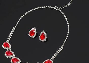 Zestaw biżuterii kolia kolczyki czerwone łezki cyrkonie wieczorowa