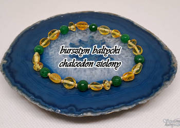 Bransoletka bursztyn bałtycki, chalcedon zielony #113
