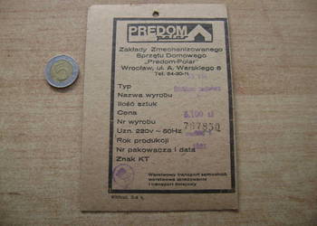 Starocie z PRL - Stare dokumenty Lodówka = Metka PREDOM Polar z czasów Prl