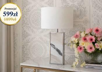 Lampa stołowa glamour  nowoczesna,prostokątna z białym abażurem, srebrna