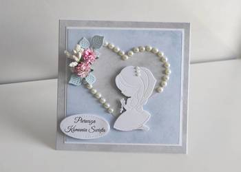 Kartka ręcznie robiona Komunia Święta handmade niebieska dz