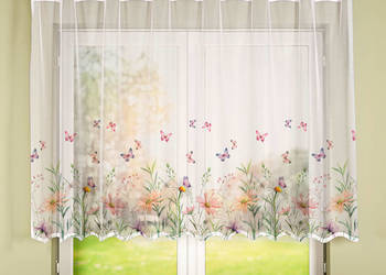 Firany żakardowe wsuwane na karnisz w malowane wzory, motyle, kwiaty