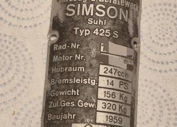 Tabliczka znamionowa Simson AVO Sport 425S Oryginał