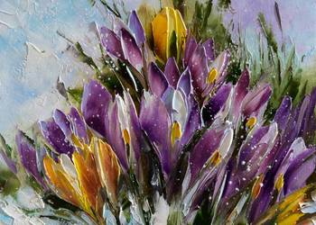 Kowalik- Krokusy  30x24cm  kwiaty  wiosna bukiet obraz olejny