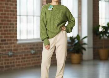 Sweter damski gruby warkoczowy zielony oversize biust 120cm