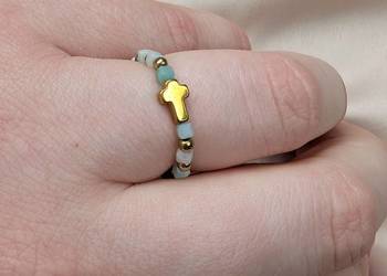 Pierścionek elastyczny różaniec kamienie amazonit hematyt prezent pamiątka