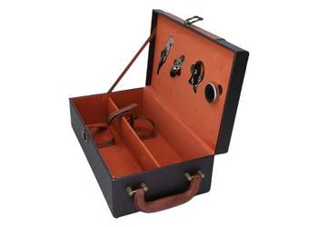 Walizka na Wino z Akcesoriami Brązowa na 2 Butelki Zestaw Prezentowy