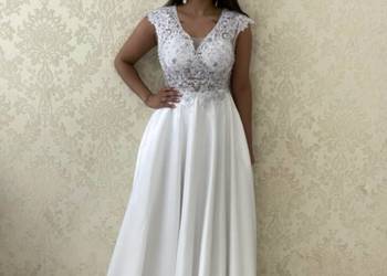 Suknia ślubna glamour linia-A satyna koronka ozdoby cyrkonie 36 S, 38, 40 L