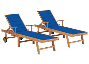 Leżaki z kobaltowymi poduszkami 2 szt. lite drewno tekowe WM-3073196