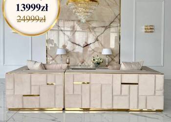 Narożnik EMPORIO Prawy Beżowy Welwet Złoty Glamour – OUTLET Duża Przecena