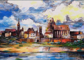 Akwarela na papierze pt."Toruń Panorama - akwarela "