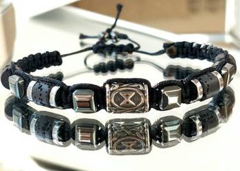 BRANSOLETKA RUNA DAGAZ STAL SZLACHETNA 316L KAMIEŃ LAWA MĘSKA 18cm UNIKAT