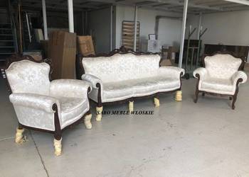 Zestaw do salonu Wenecja 3+1+1 ciemny orzech,biała tkanina wyprzedaż