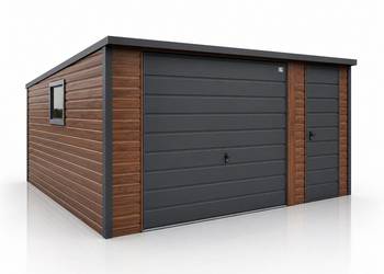 Garaż Blaszany 4×4.5m spad na tył Ciemny Orzech + Ciemny Grafit PREMIUM