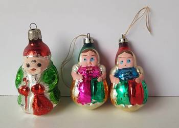 Bombka x3, Babuszki / łowiczanki i Mikołaj, stare bombki, ozdoby choinkowe