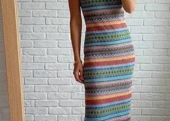 Kolorowa sukienka dzianinowa midi boho z rozcięciem 36/38 Idealna na lato!