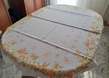 Obrus lniany kremowy w pomarańczowe kwiaty, 148 x 107, do sprzedania