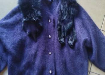 Sweter cardigan 80 wełna angora z naturalnym lisem oversize
