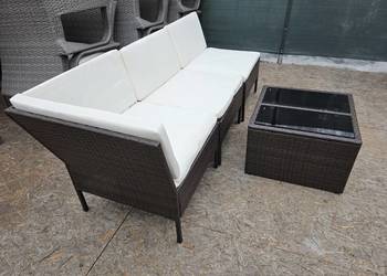 Meble do ogrodu sofa z poduszkami stolik technorattan 182cm brąz