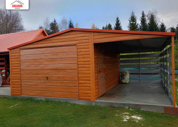 Garaż Blaszany drewnopodobny 7x5 z wiatą ażurową PREMIUM