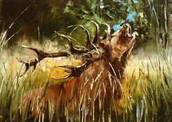 Kowalik - Na rykowisku - 30x40cm Obraz Olejny Szpachla Jeleń
