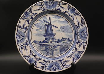 Talerz kolekcjonerski Delft Blue krajobraz z wiatrakiem nad wodą
