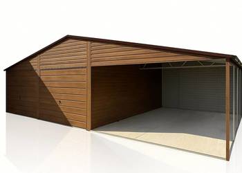 Garaż blaszany 6×5m z wiatą 5x5m dach dwuspadowy, Ciemny Orzech