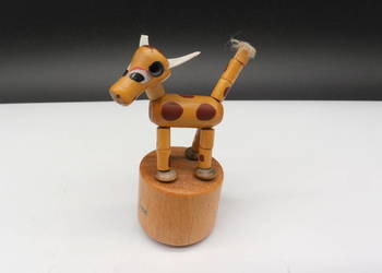 Retro Drewniana Zabawka Naciskowa Krowa Push Puppet PRL