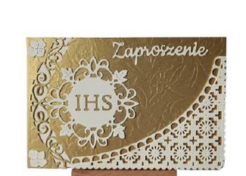 ZAPROSZENIA KOMUNIA UNIWERSALNE IHS ŁUK OZDOBNY K3 – ZŁOTO – BIEL