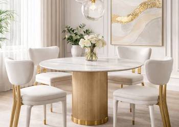 Okrągły stół złoty 120 cm ryflowane nogi marmur nowoczesny