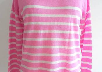Sweter Lniany 100% Len Modne Paski Różowy Bluzka Dzianinowa Uniqlo
