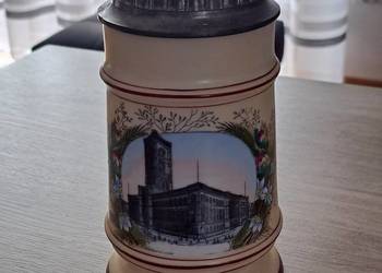 Stary Ceramiczny Kufel do Piwa pół litrowy z wieczkiem Cynowym. vintage