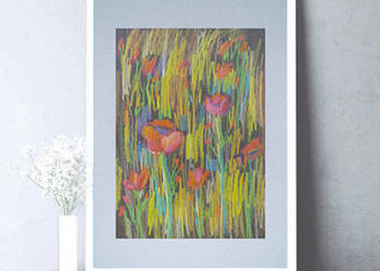 łąka rysunek 30x40, pastelowy obraz z łąką, kwiaty rysunek